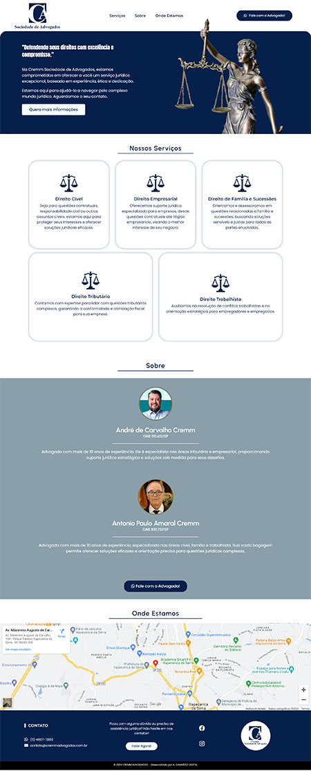 Site institucional do escritório de advocacia CREMM ADVOGADOS , situado na cidade de Itapecerica da Serra - SP , com design responsivo e otimizado para SEO, desenvolvido pela A.CAMARGO DIGITAL .