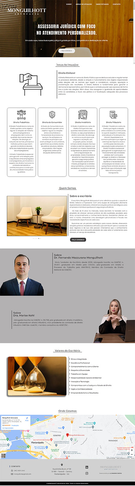 Site institucional do escritório de advocacia MONGUILHOTT ADVOGADOS , situado na cidade de Florianópolis - SC , com design responsivo e otimizado para SEO, desenvolvido pela A.CAMARGO DIGITAL .