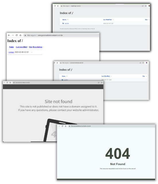 Problemas de configuração do site com erros 'error 404', 'página não encontrada' e 'index-of'; solução de erros de indexação e links quebrados.